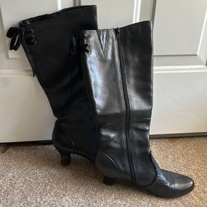 Black leather kitten heel boots